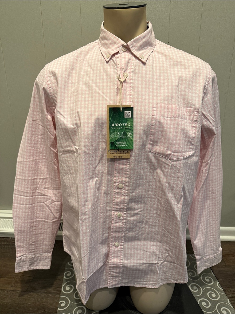 Tailor Vintage Mens Large Light Pink Gingham Button-Up Shirt